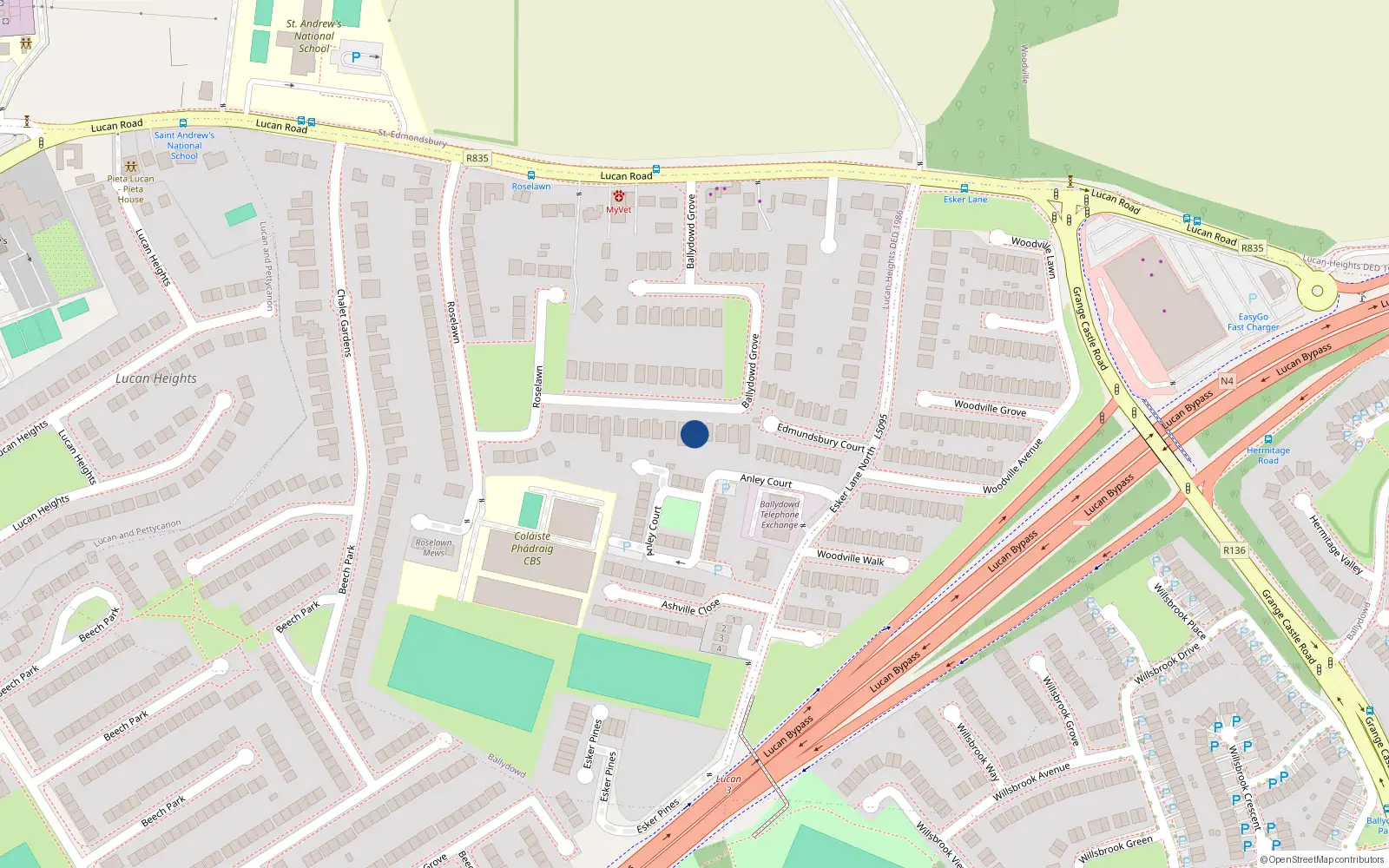 Overhead map showing the location of 38 Ballydowd Grove, Lucan