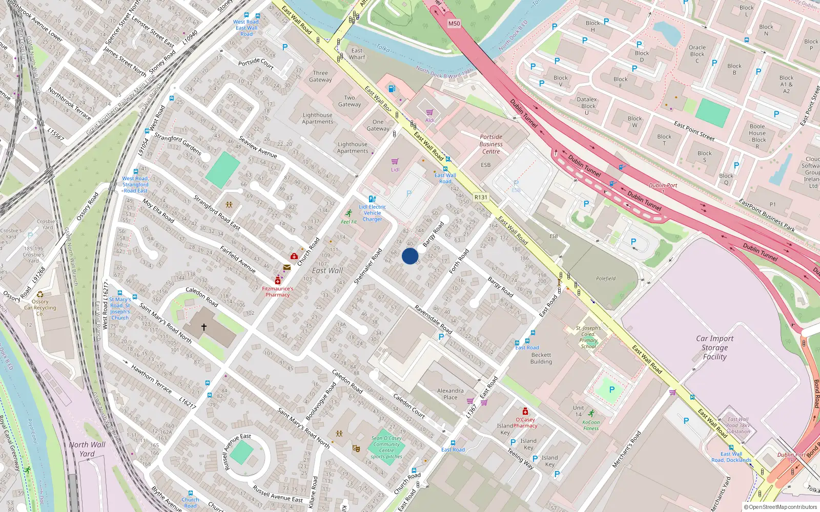 Overhead map showing the location of 38 Bargy Road, East Wall, Dublin 3