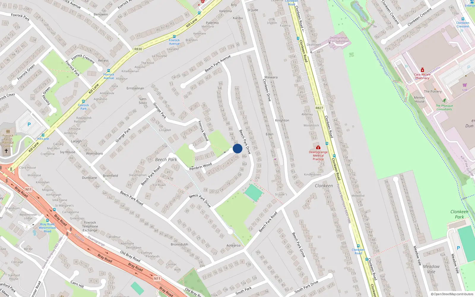 Overhead map showing the location of 38 Beech Park Drive, Dublin 18