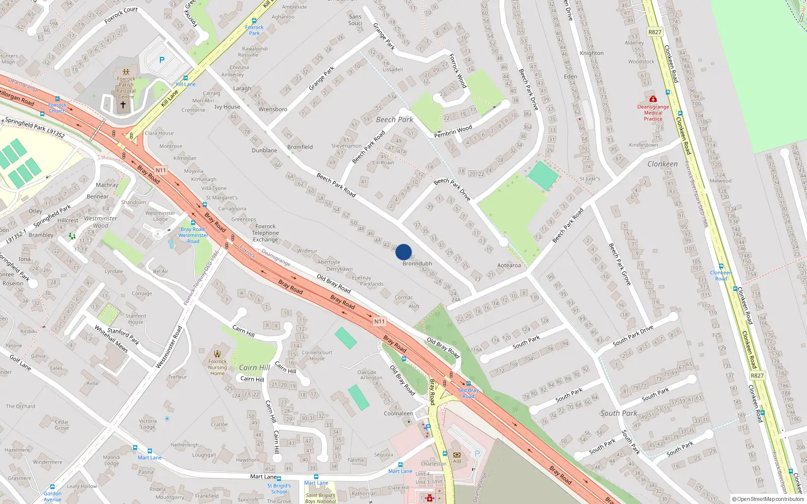 Overhead map showing the location of 38 Beech Park Road, Dublin 18