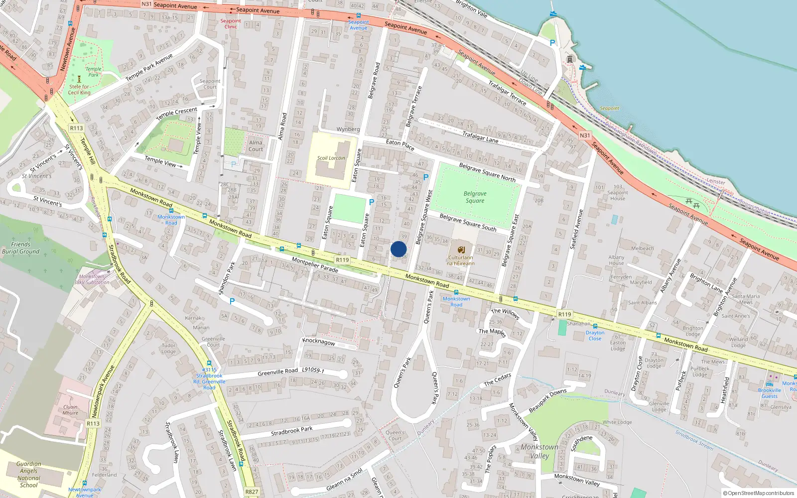 Overhead map showing the location of 38 Belgrave Square West, Blackrock