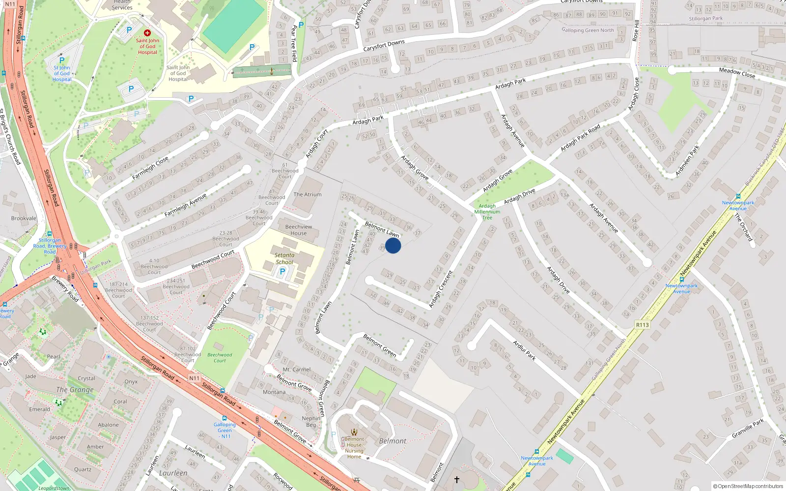 Overhead map showing the location of 38 Belmont Lawn, Galloping Green, Stillorgan