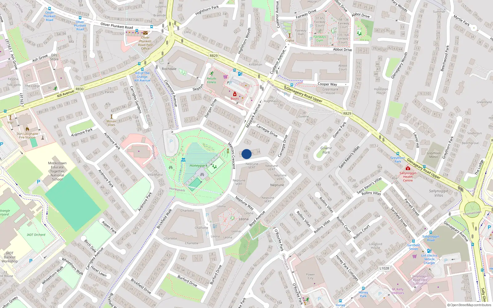 Overhead map showing the location of 38 Boyd Avenue, Dun Laoghaire