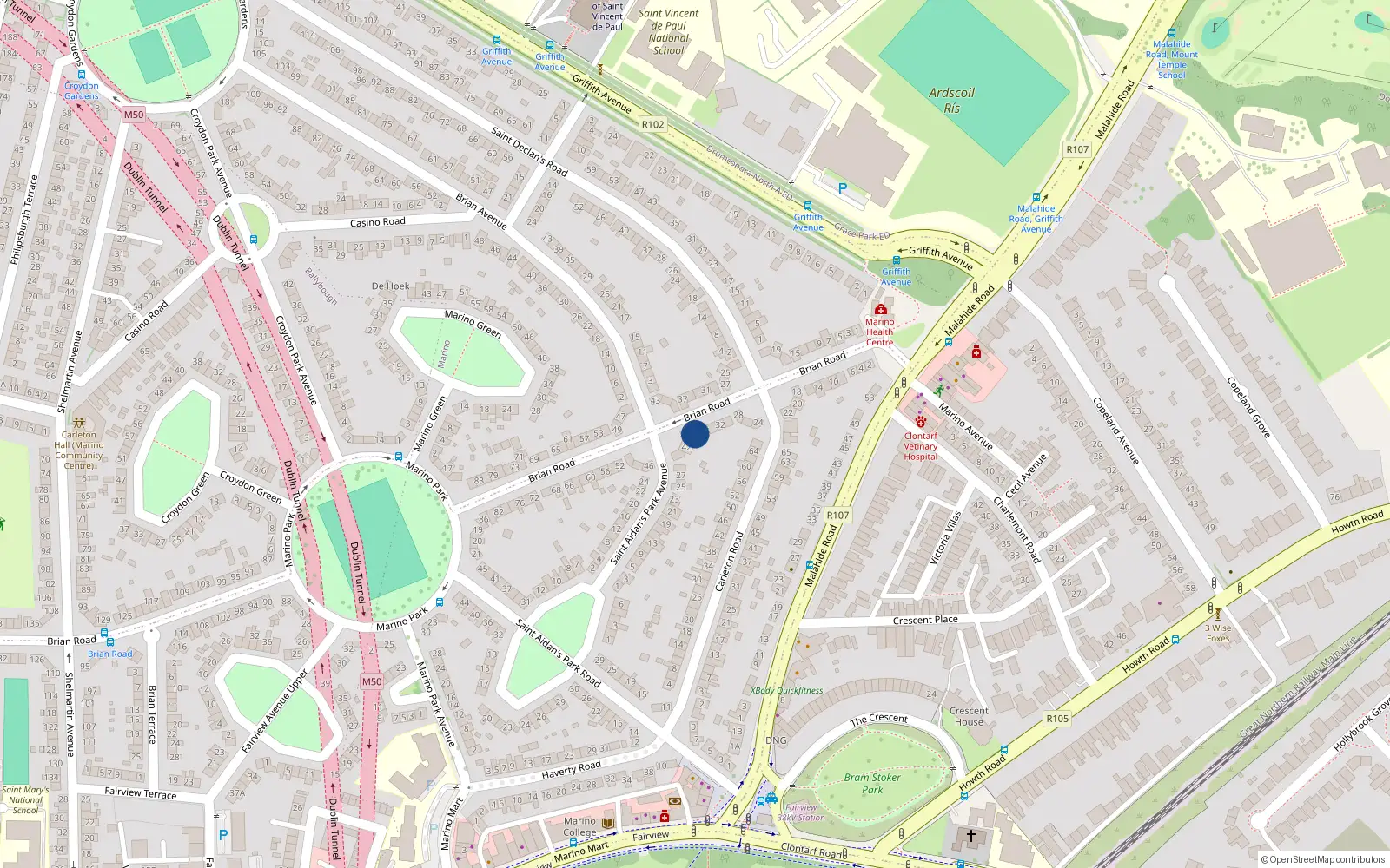 Overhead map showing the location of 38 Brian Road, Dublin 3