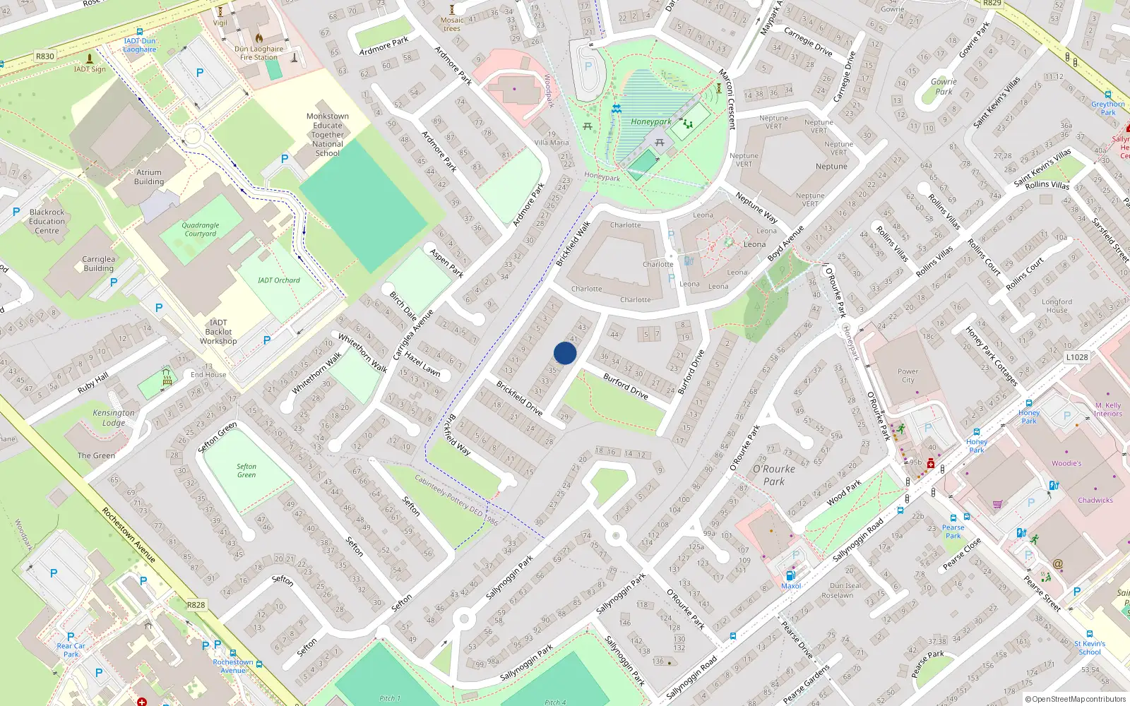 Overhead map showing the location of 38 Brickfield Drive, Dun Laoghaire