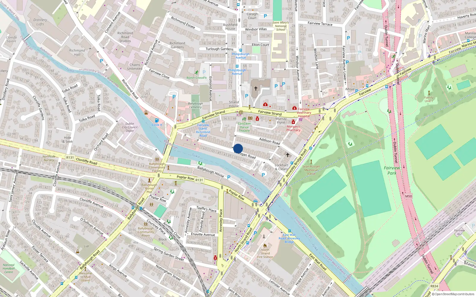 Overhead map showing the location of 38 Cadogan Road, Fairview, Dublin 3