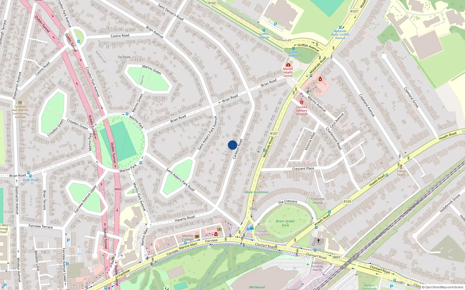 Overhead map showing the location of 38 Carleton Road, Dublin 3
