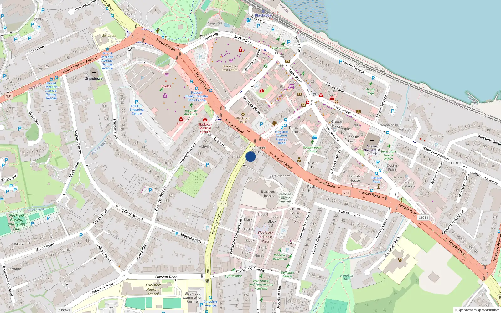 Overhead map showing the location of 38 Carysfort Avenue, Blackrock