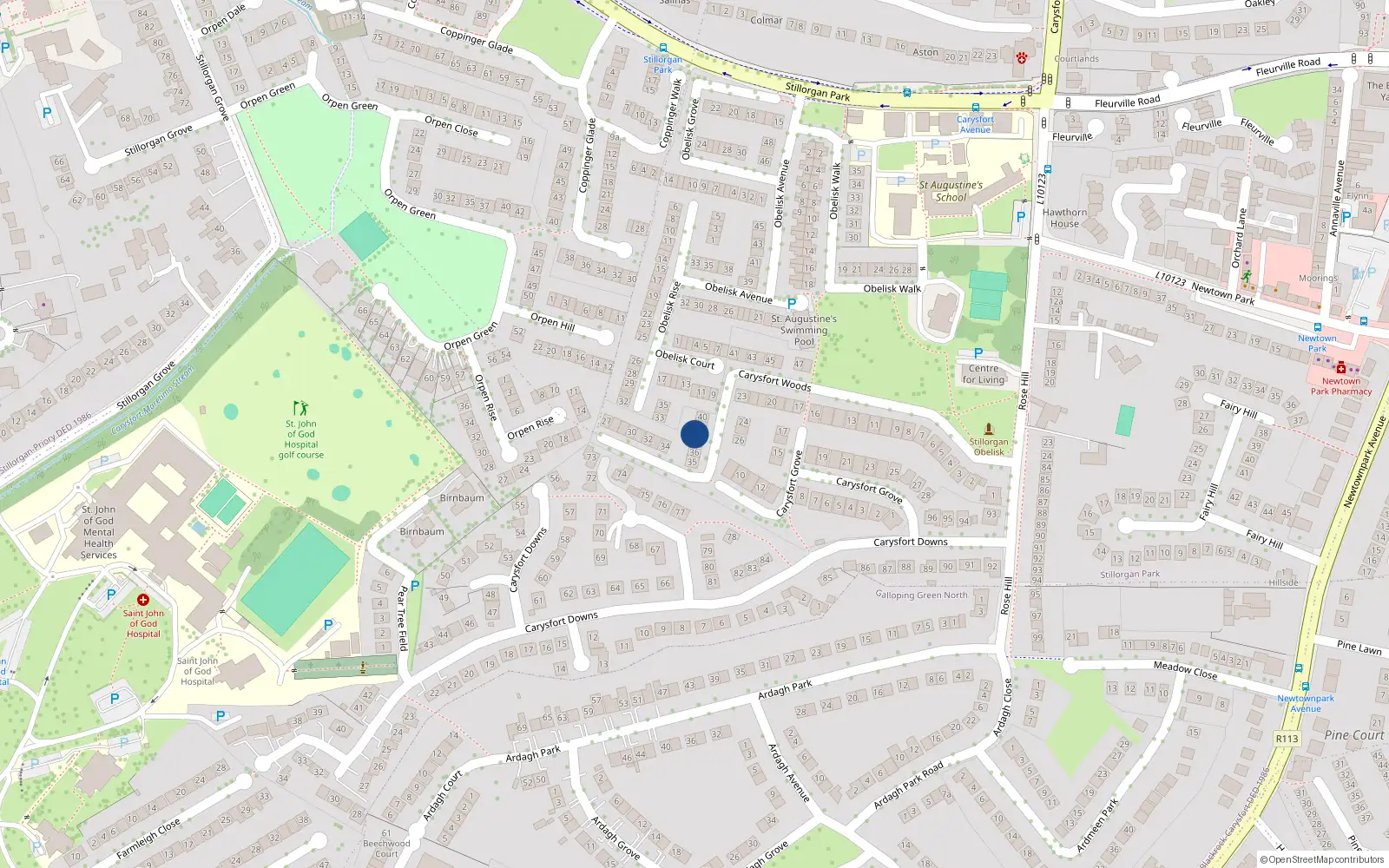 Overhead map showing the location of 38 Carysfort Woods, Blackrock, Dublin