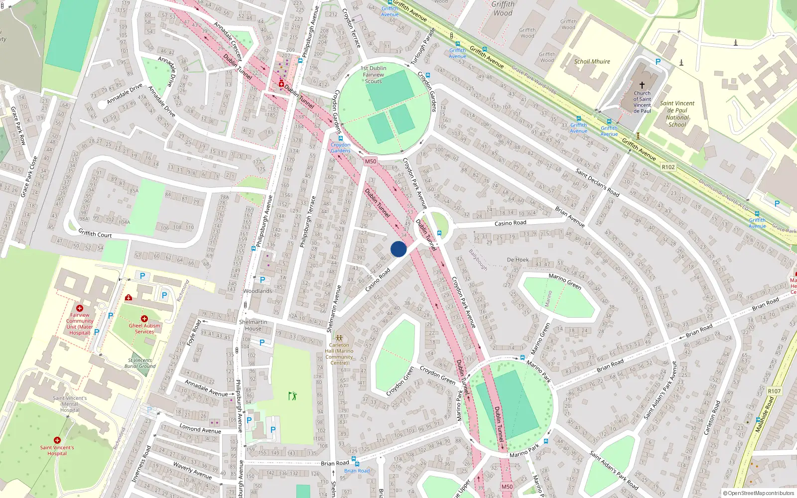 Overhead map showing the location of 38 Casino Road, Dublin 3