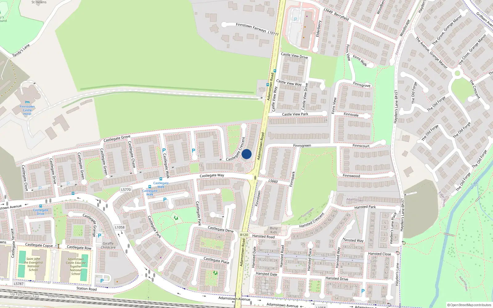 Overhead map showing the location of 38 Castlegate Crescent, Adamstown, Dublin