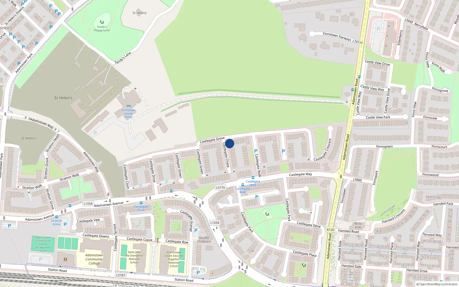 Overhead map showing the location of 38 Castlegate Grove, Adamstown, Lucan
