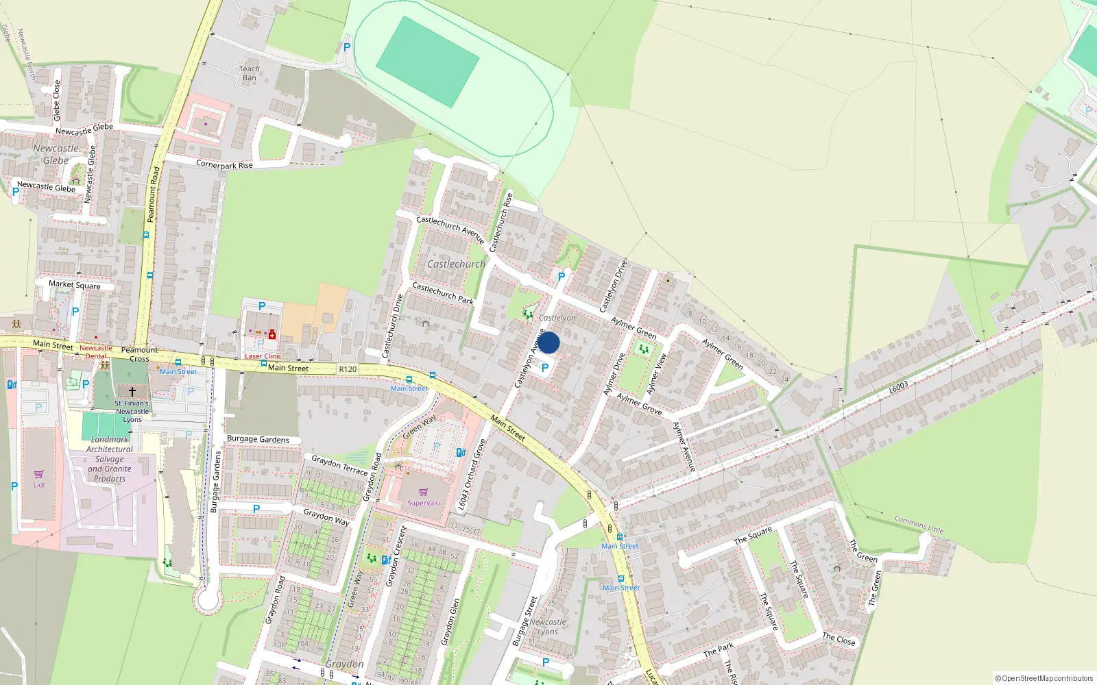 Overhead map showing the location of 38 Castlelyon Avenue, Cornerpark