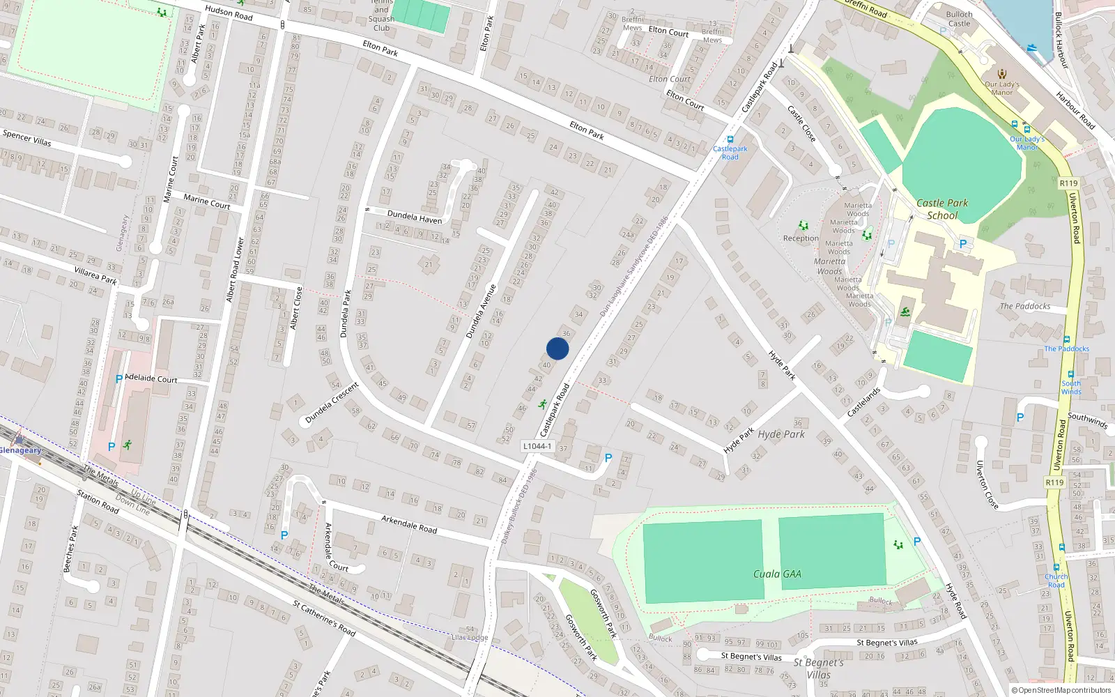 Overhead map showing the location of 38 Castle Park Road, Dublin