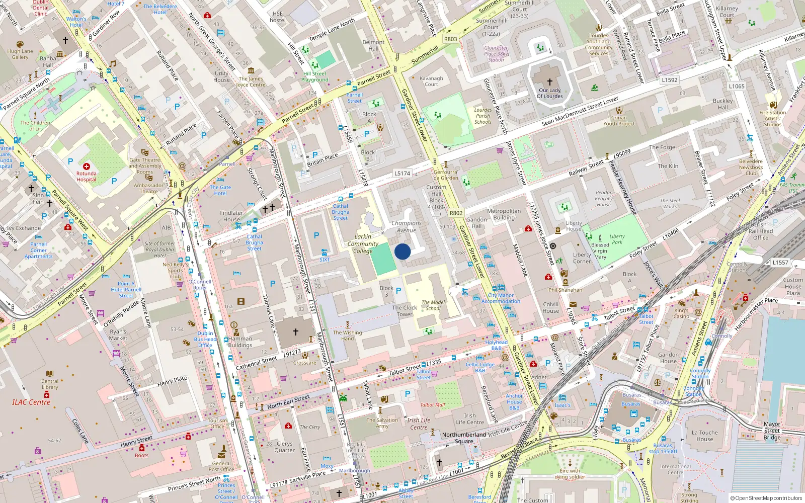 Overhead map showing the location of 38 Champions Avenue, Dublin 1