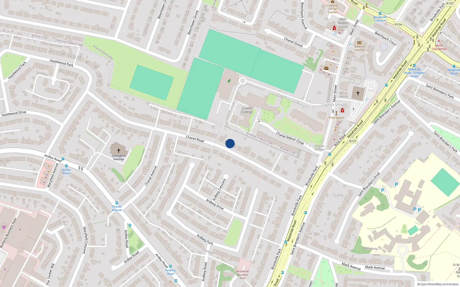 Overhead map showing the location of 38 Chanel Road, Dublin