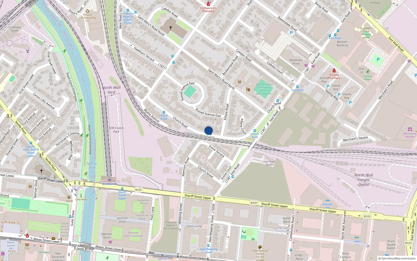 Overhead map showing the location of 38 Church Road, East Wall, Dublin 3