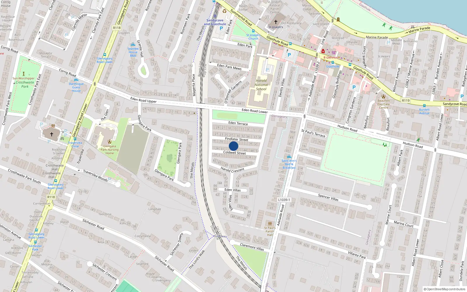 Overhead map showing the location of 38 Coldwell Street, Dun Laoghaire