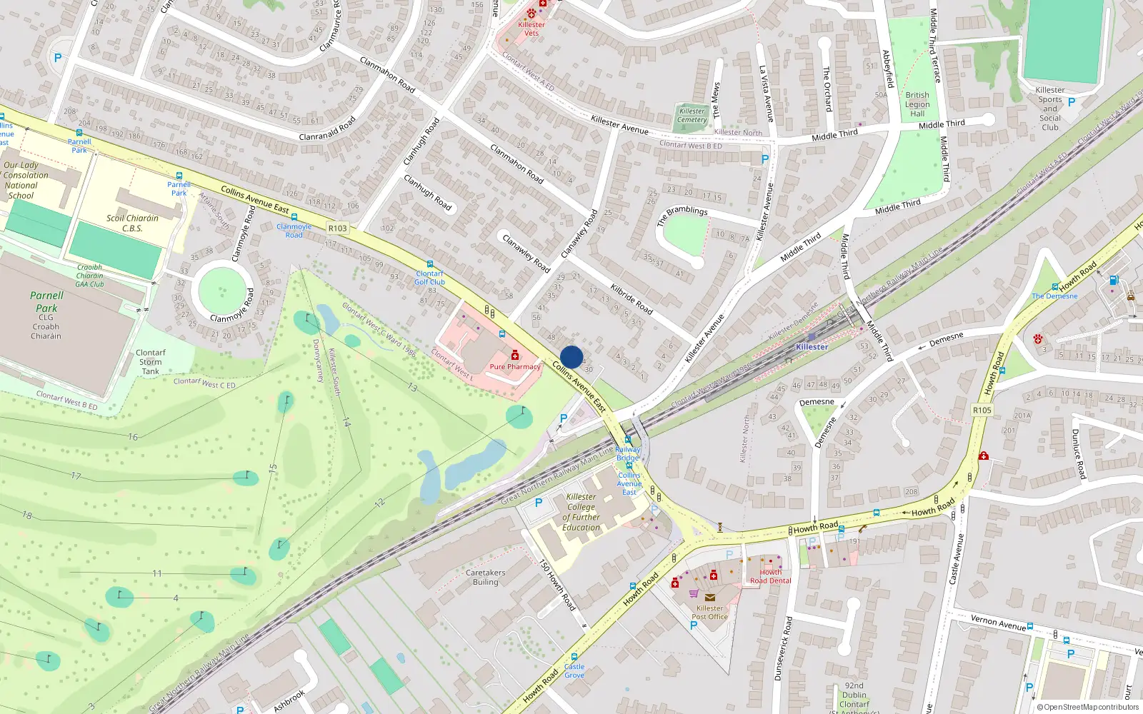 Overhead map showing the location of 38 Collins Avenue East, Dublin 5