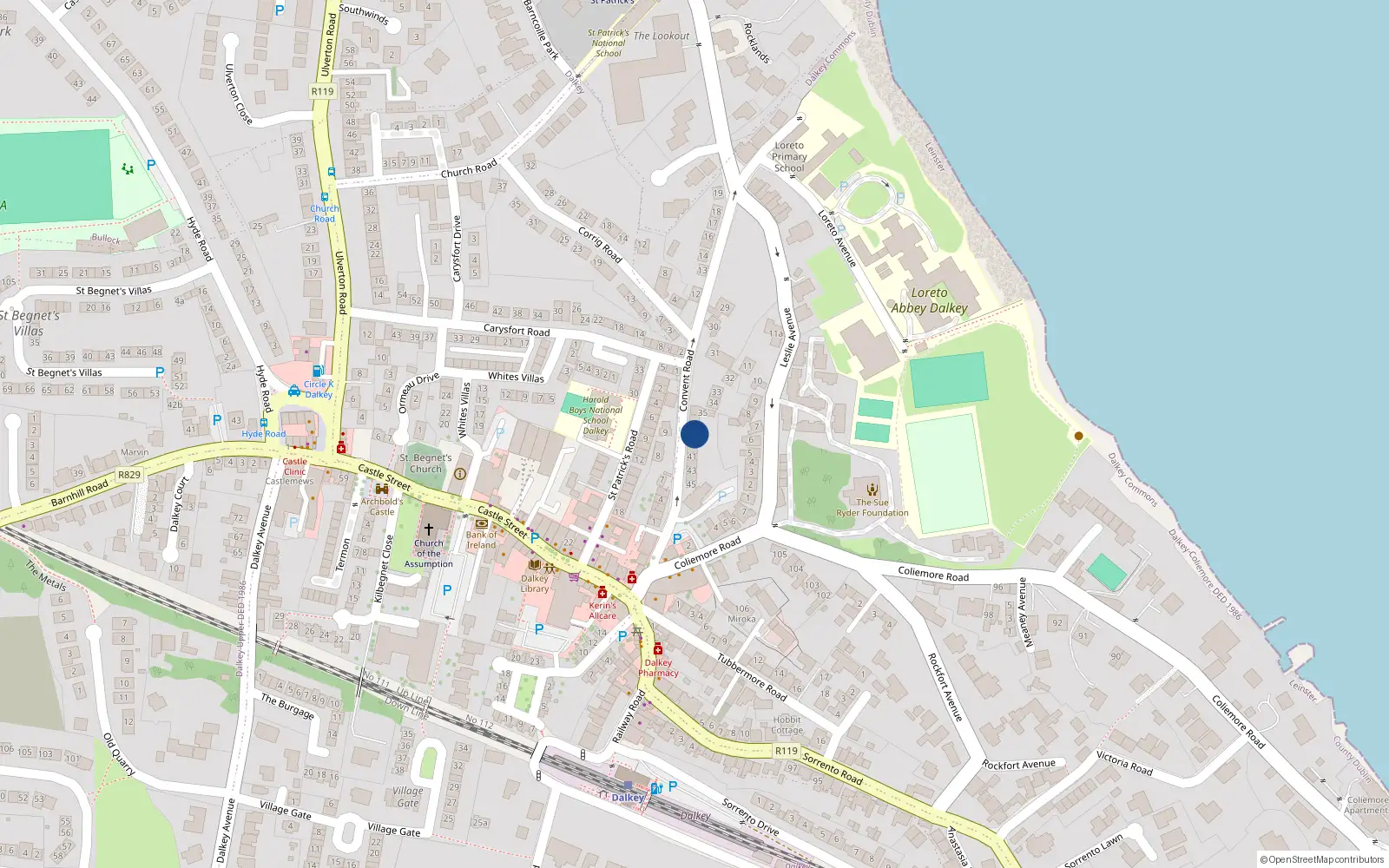 Overhead map showing the location of 38 Convent Road, Dalkey