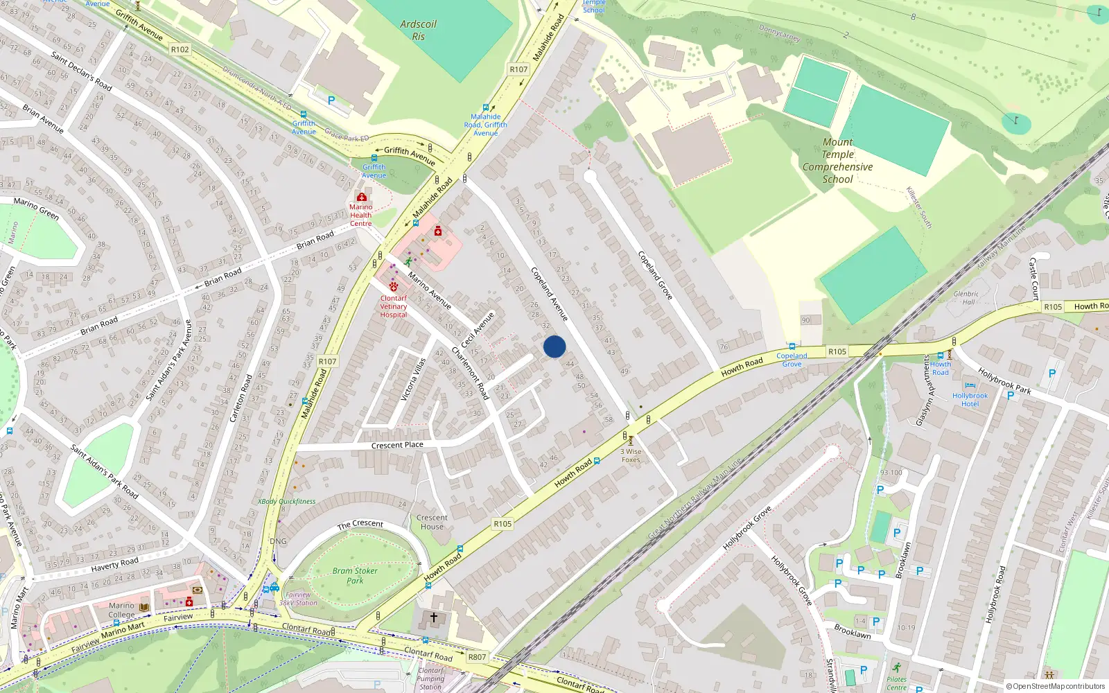 Overhead map showing the location of 38 Copeland Avenue, Dublin 3