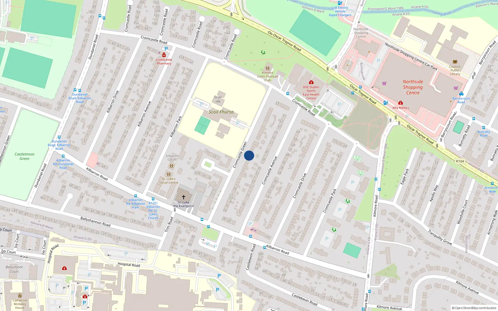 Overhead map showing the location of 38 Cromcastle Green, Kilmore West, Coolock Dublin 5