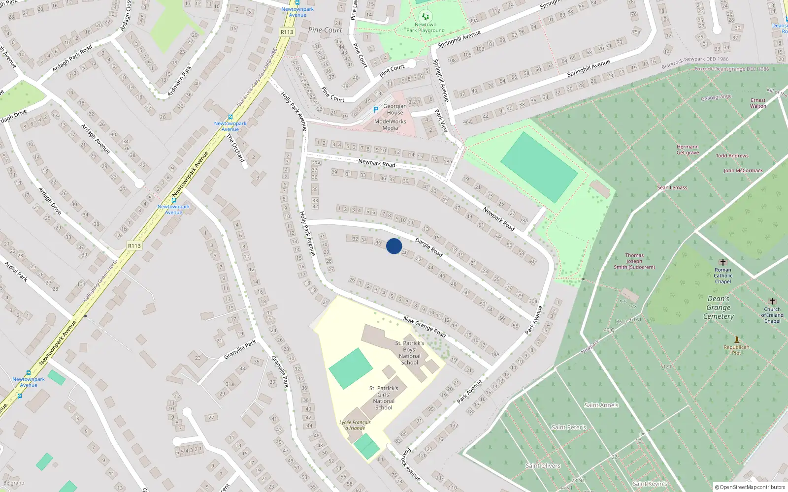 Overhead map showing the location of 38 Dargle Road, Blackrock