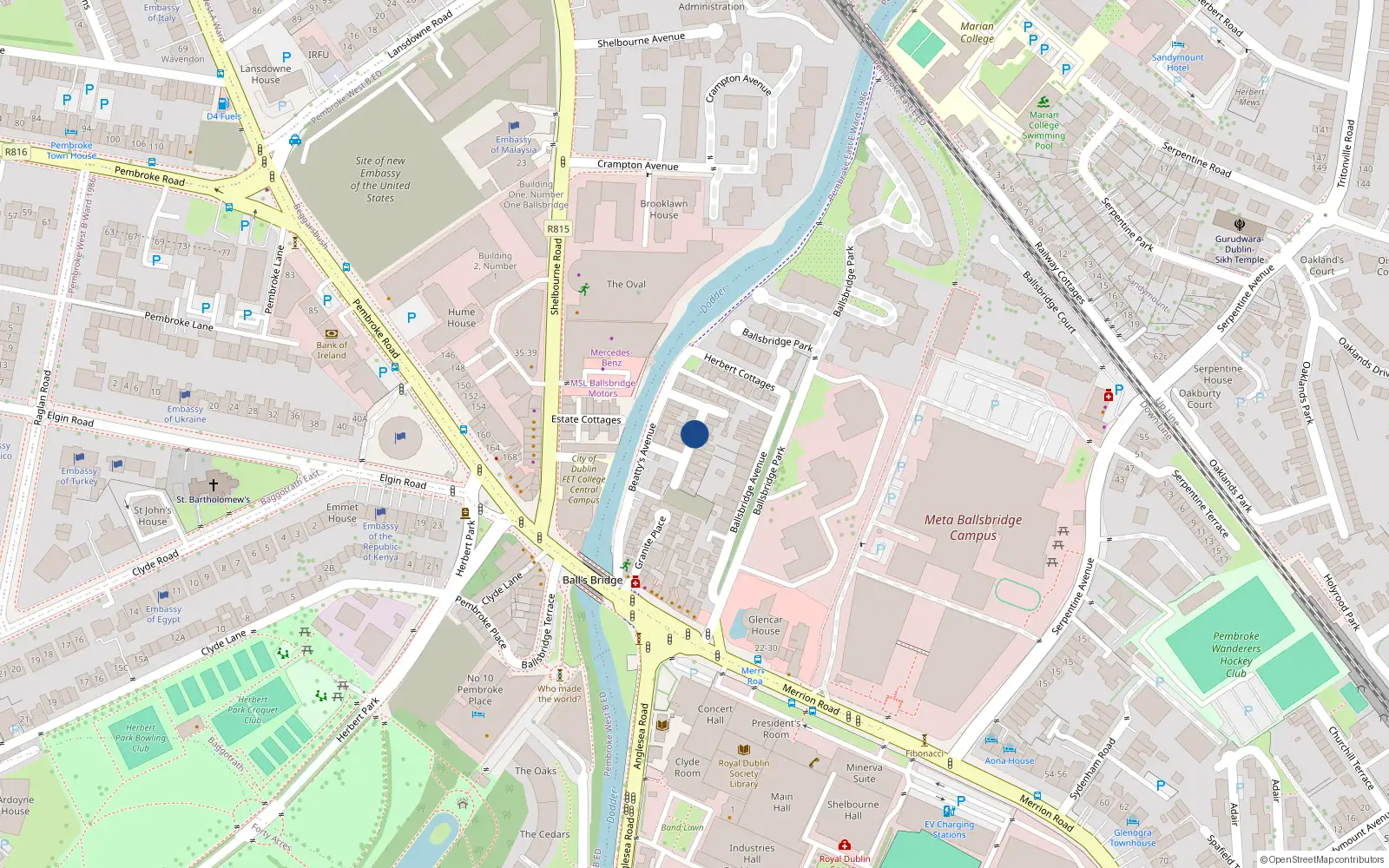 Overhead map showing the location of 38 Dodder View Cottages, Ballsbridge