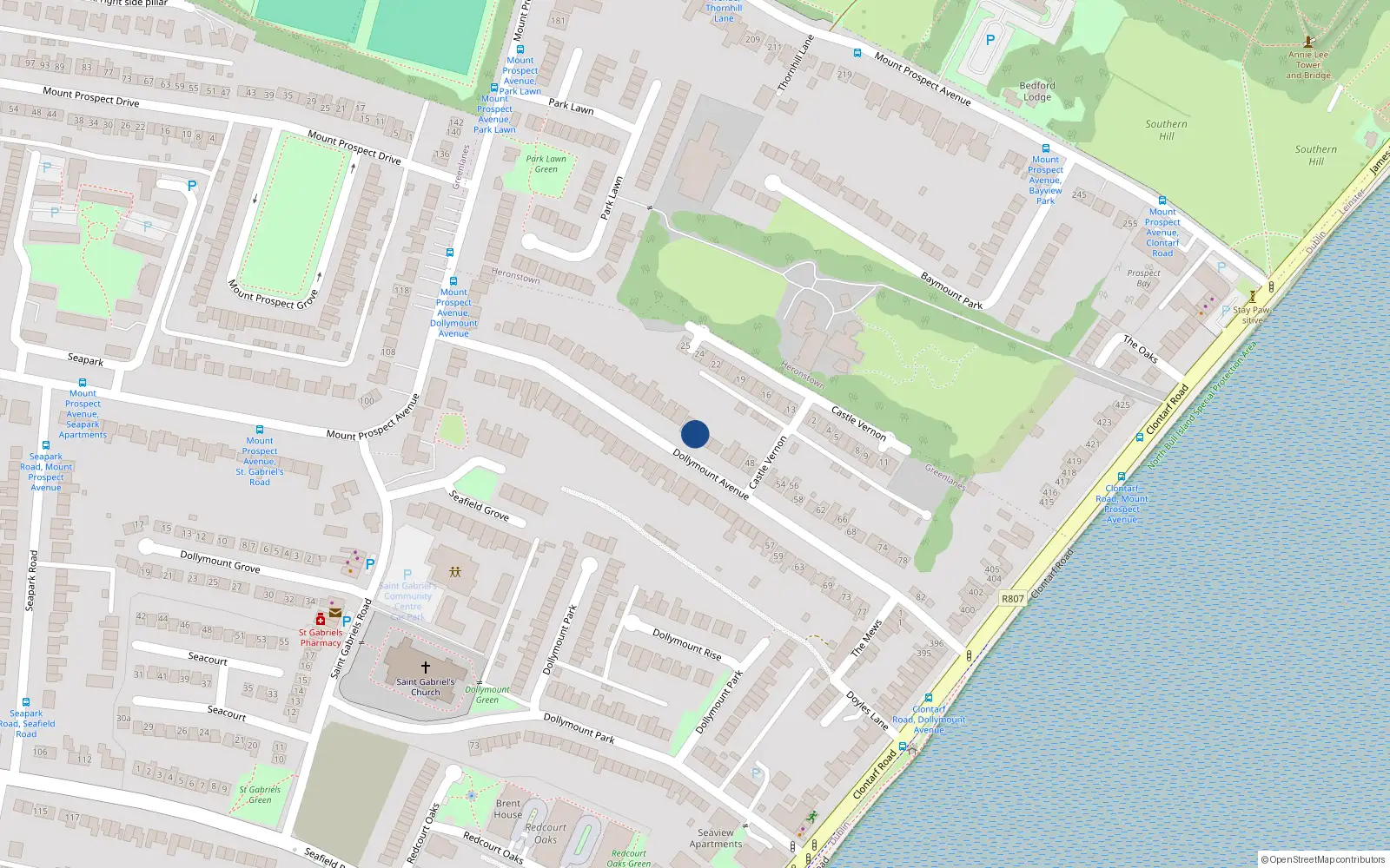 Overhead map showing the location of 38 Dollymount Avenue, Dublin 3