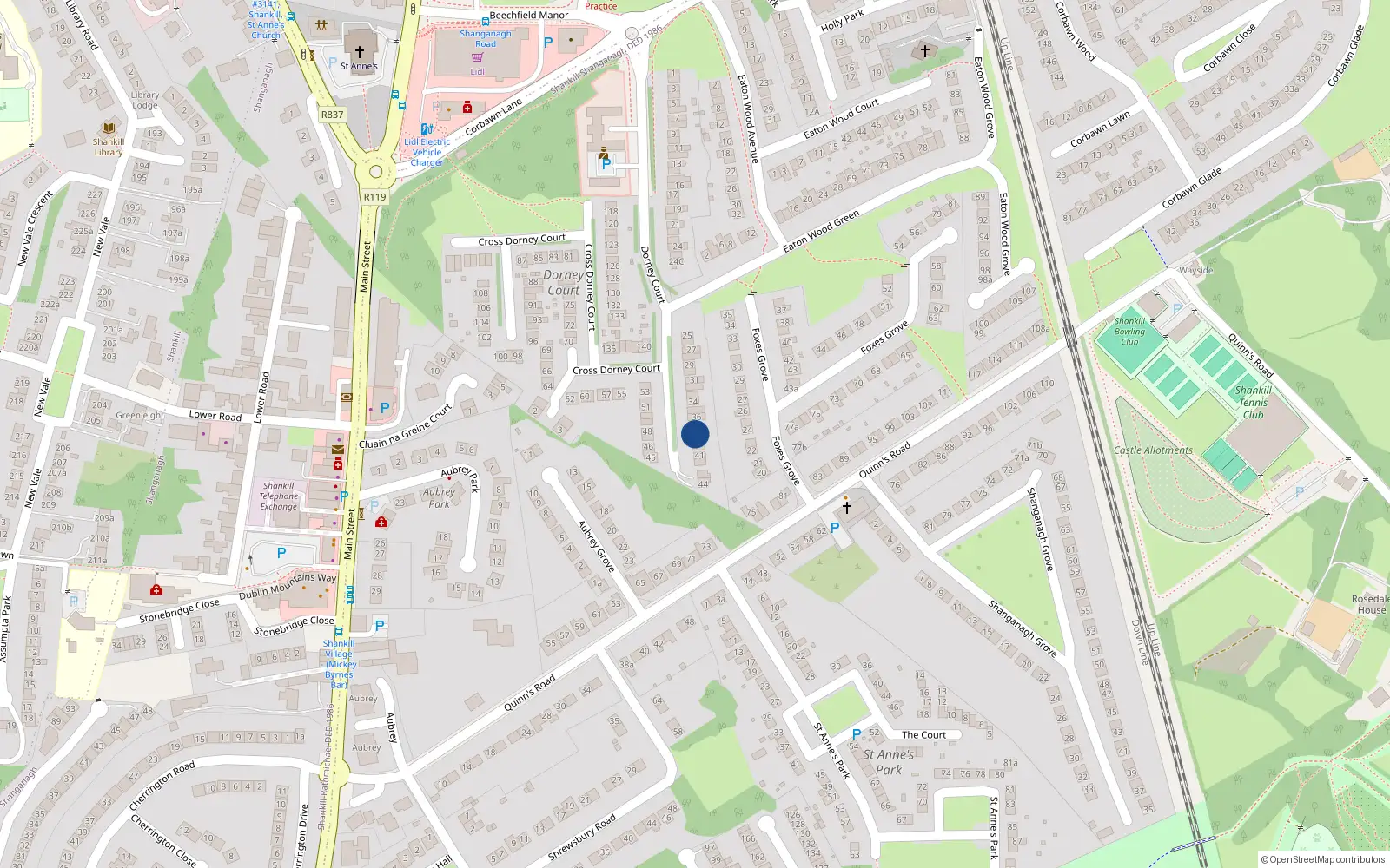 Overhead map showing the location of 38 Dorney Court, Shankill