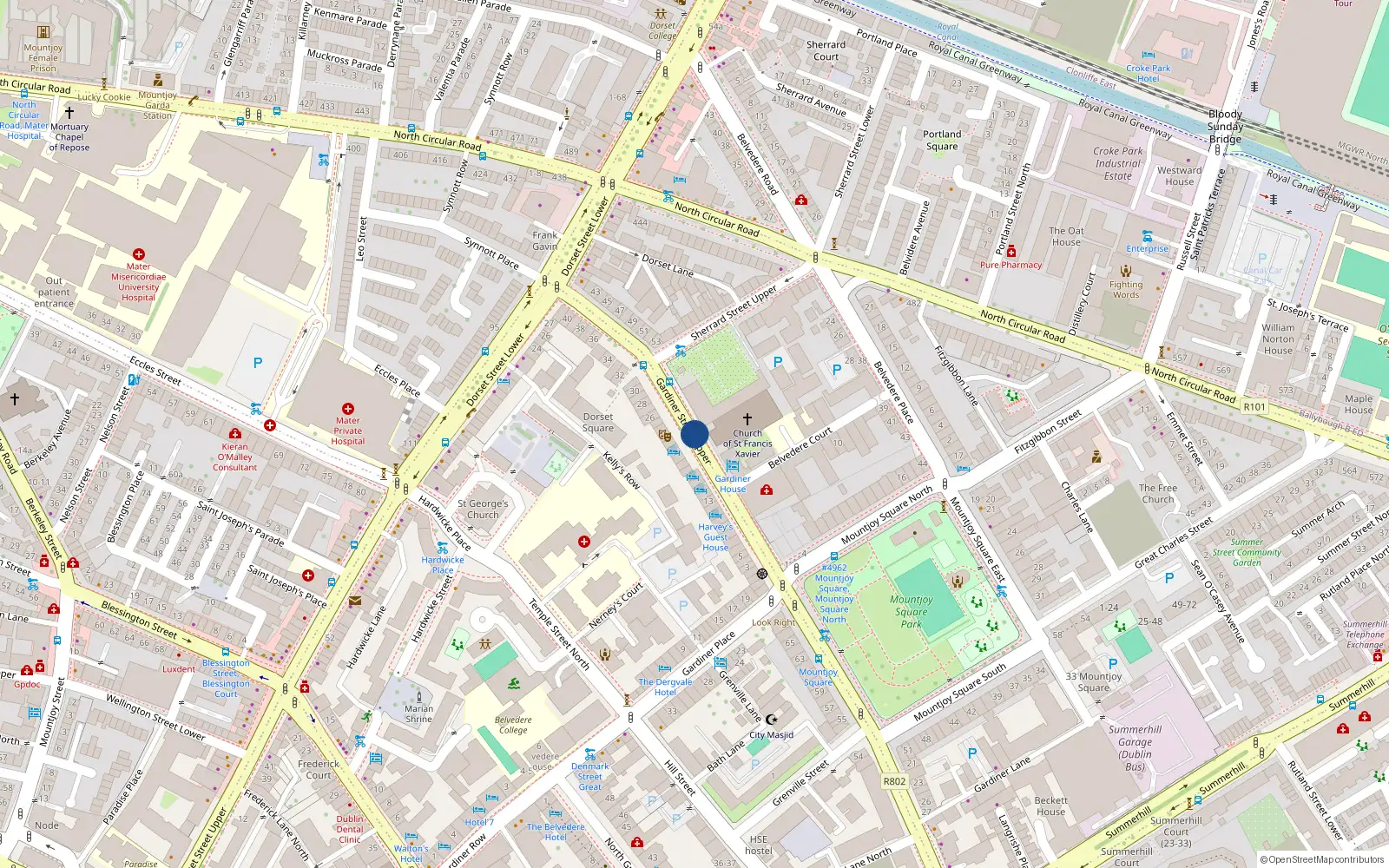 Overhead map showing the location of 38 Dorset Square, Gardiner Street Upper, Dublin 1