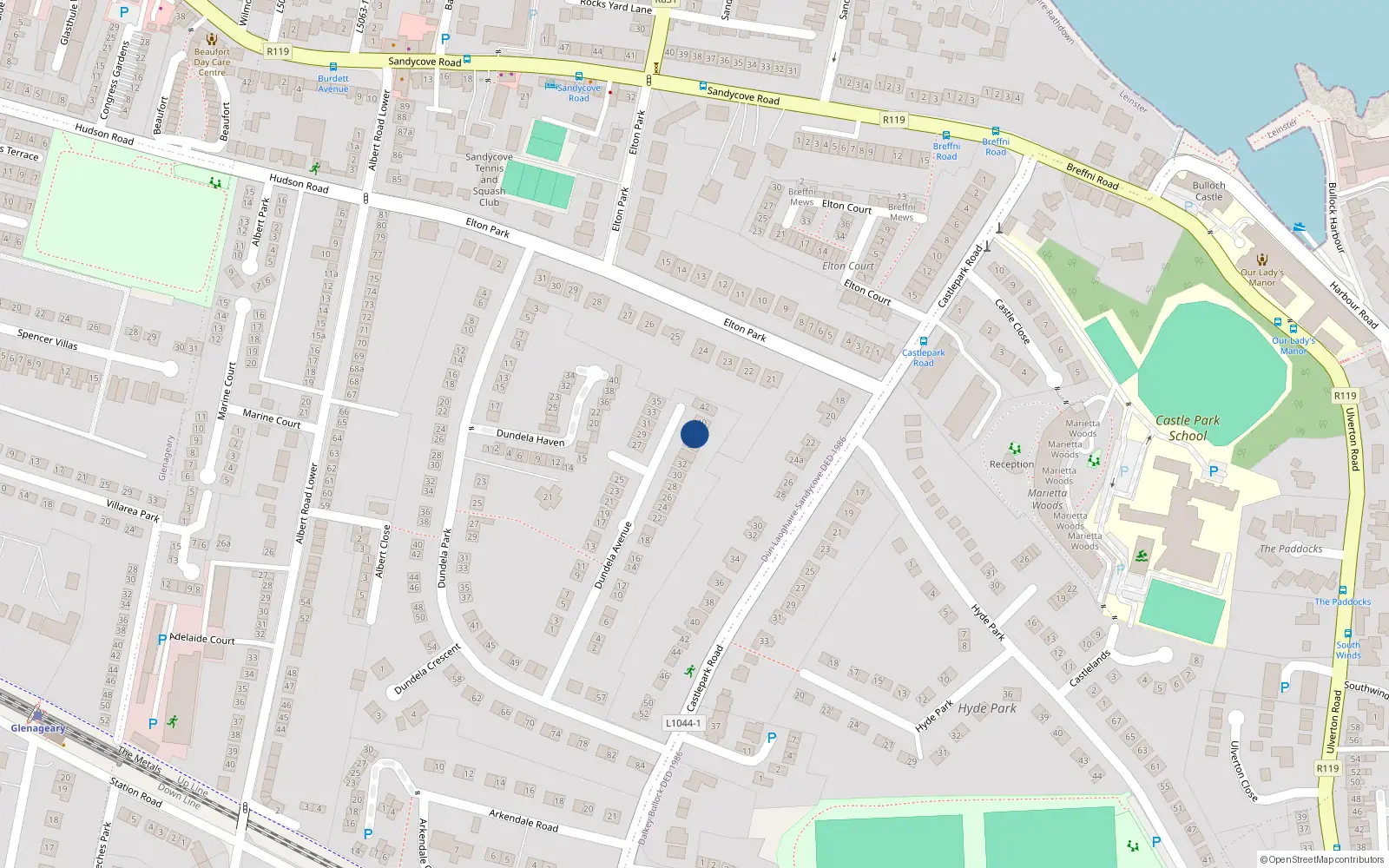 Overhead map showing the location of 38 Dundela Avenue, Sandycove, Co Dublin