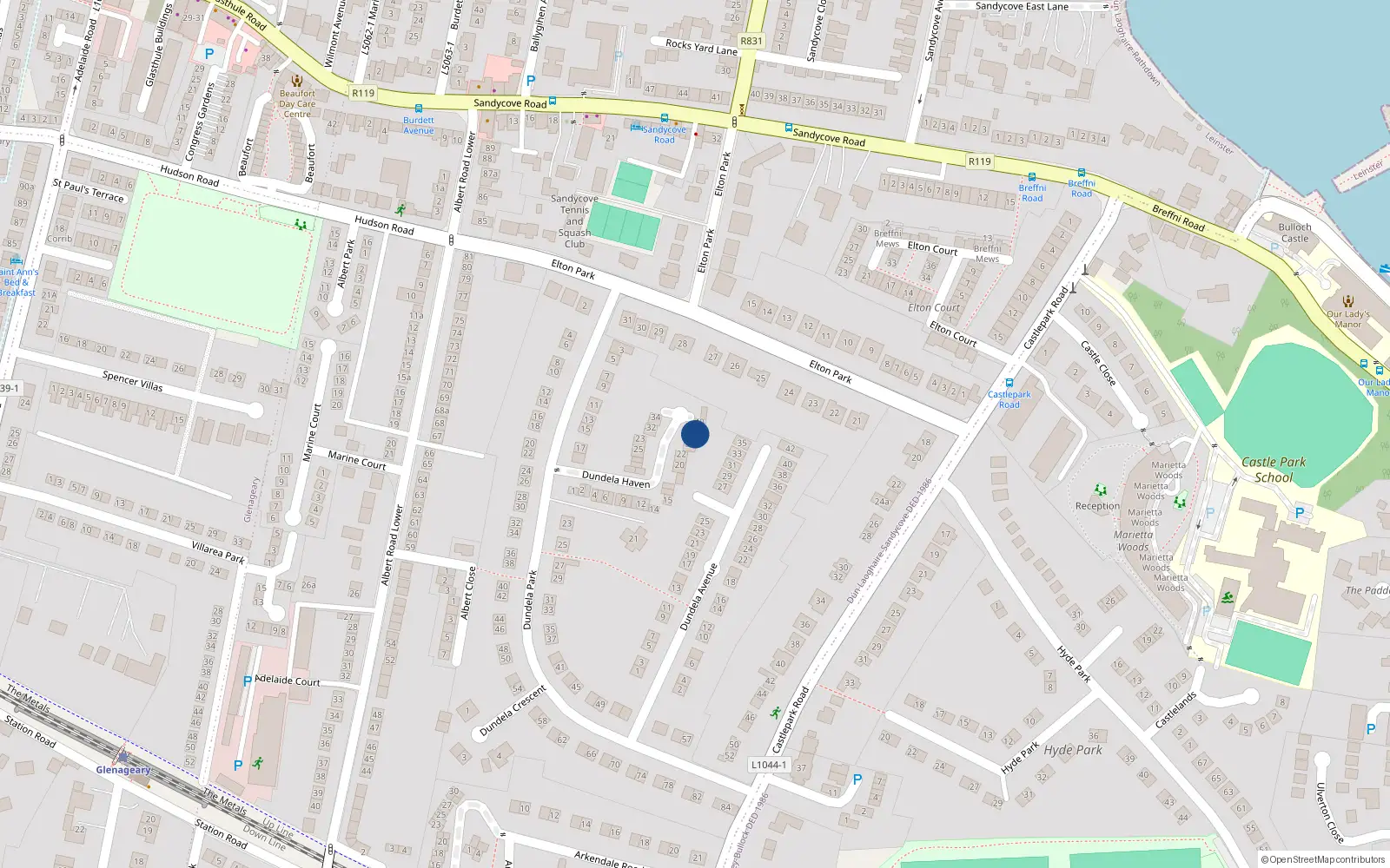 Overhead map showing the location of 38 Dundela Haven, Sandycove, Dublin