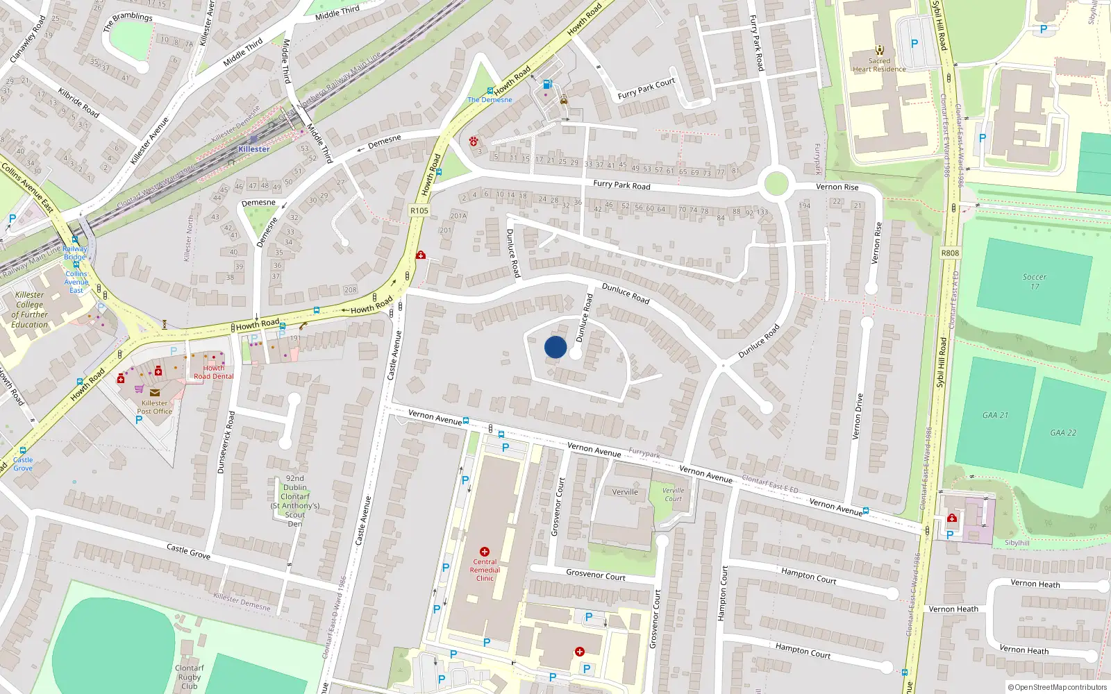 Overhead map showing the location of 38 Dunluce Road, Dublin 3