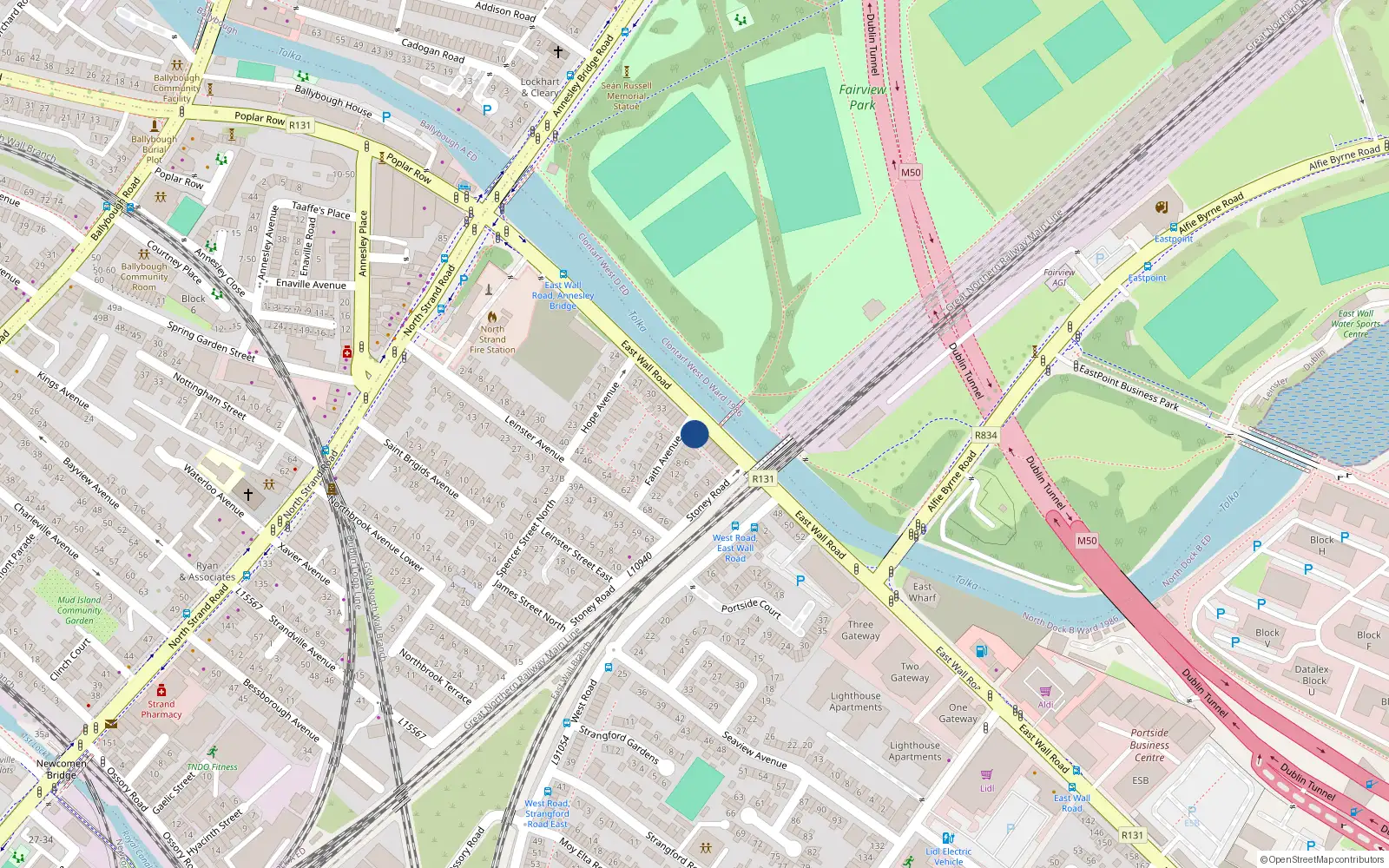 Overhead map showing the location of 38 East Wall Road, Dublin
