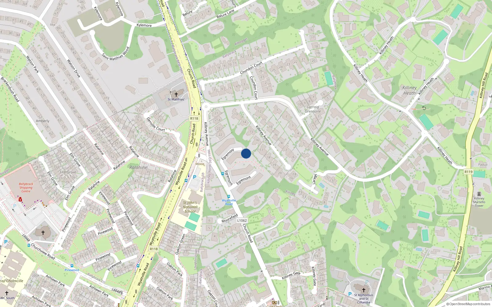 Overhead map showing the location of 38 Egremont, Church Road, Killiney