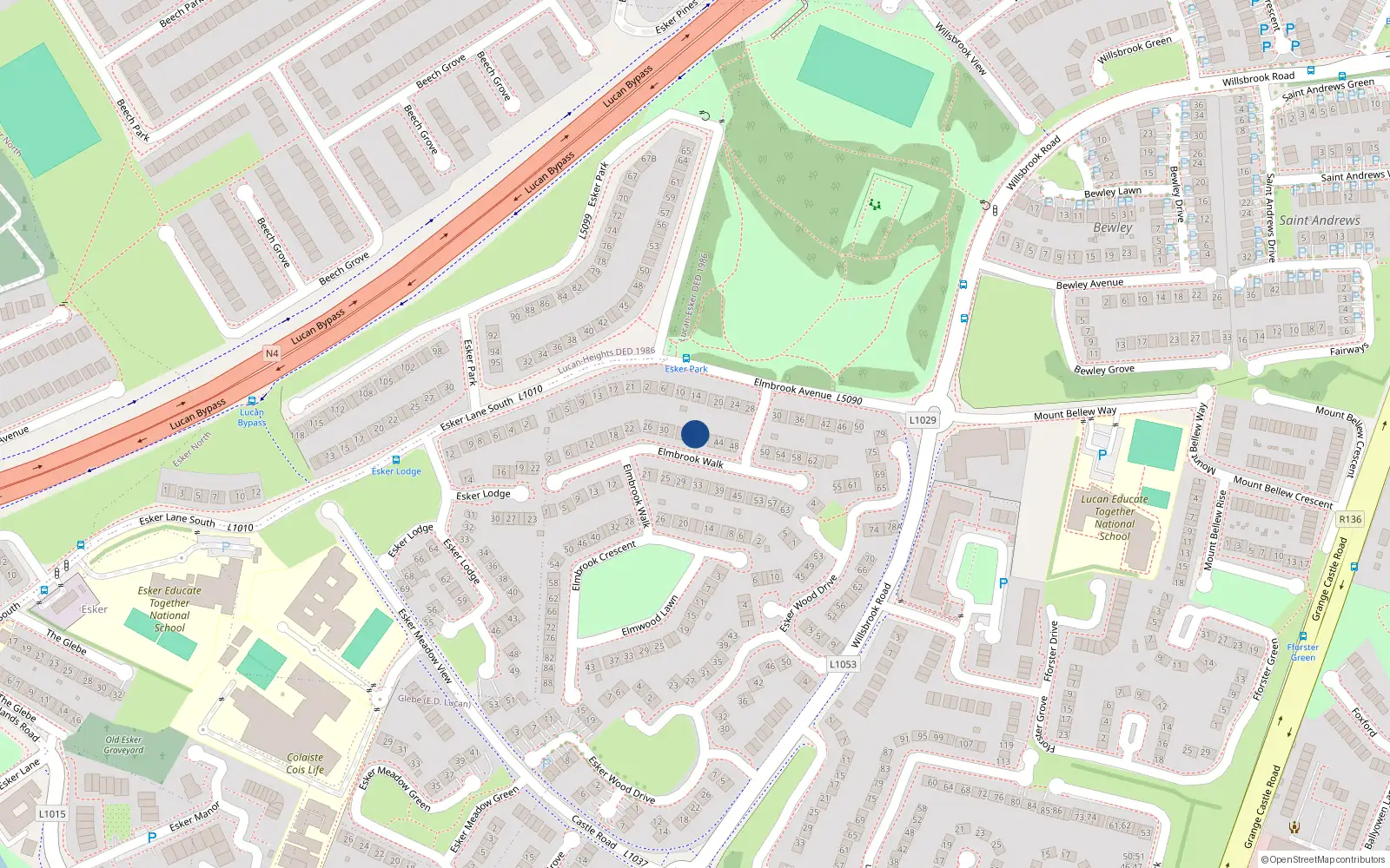 Overhead map showing the location of 38 Elmbrook Walk, Lucan
