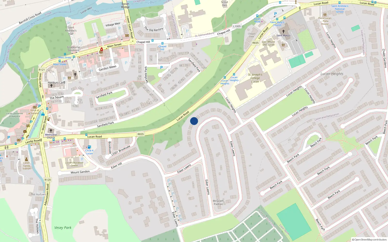 Overhead map showing the location of 38 Esker Lawns, Lucan, Dublin