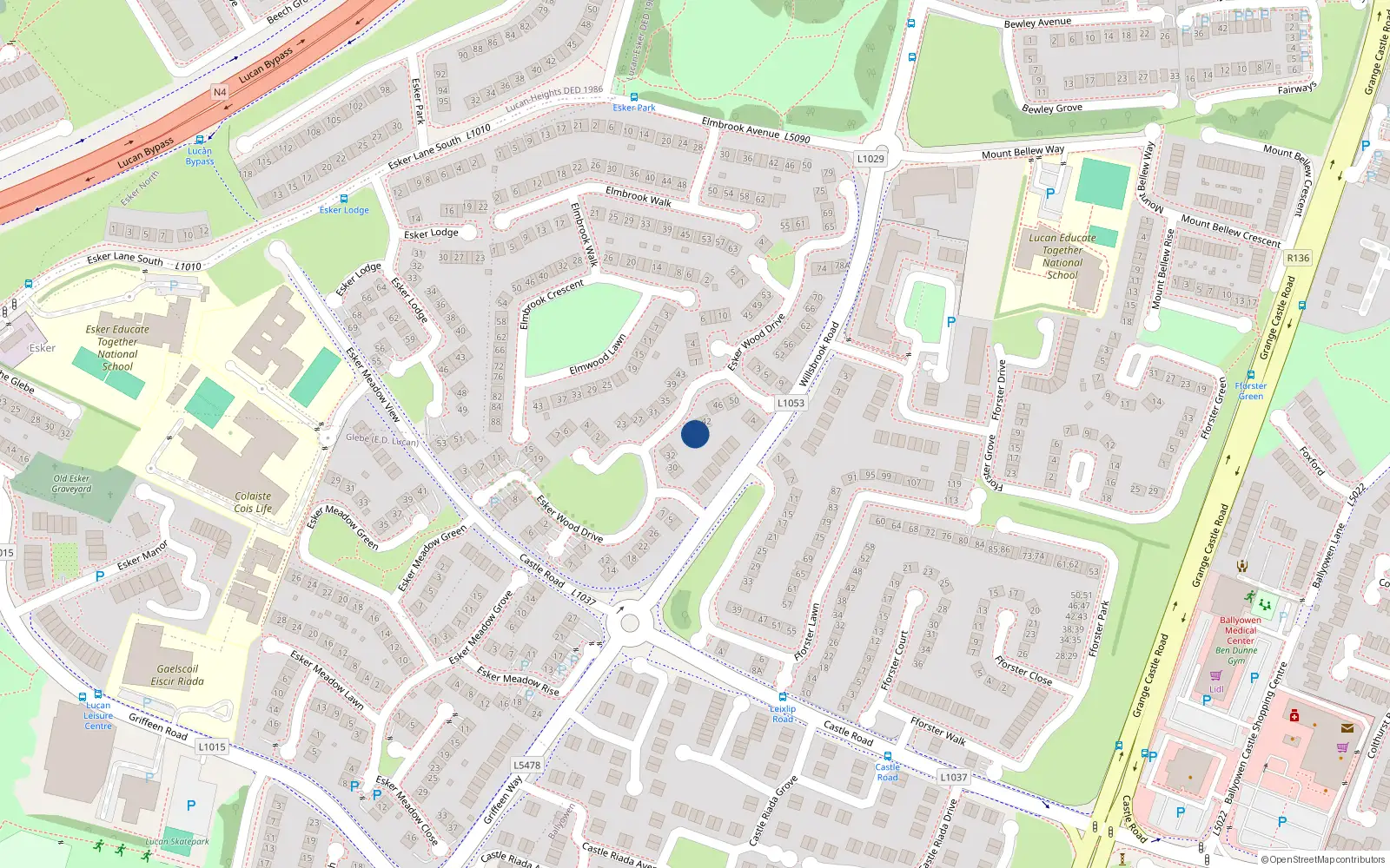 Overhead map showing the location of 38 Esker Wood Drive, Lucan, Dublin
