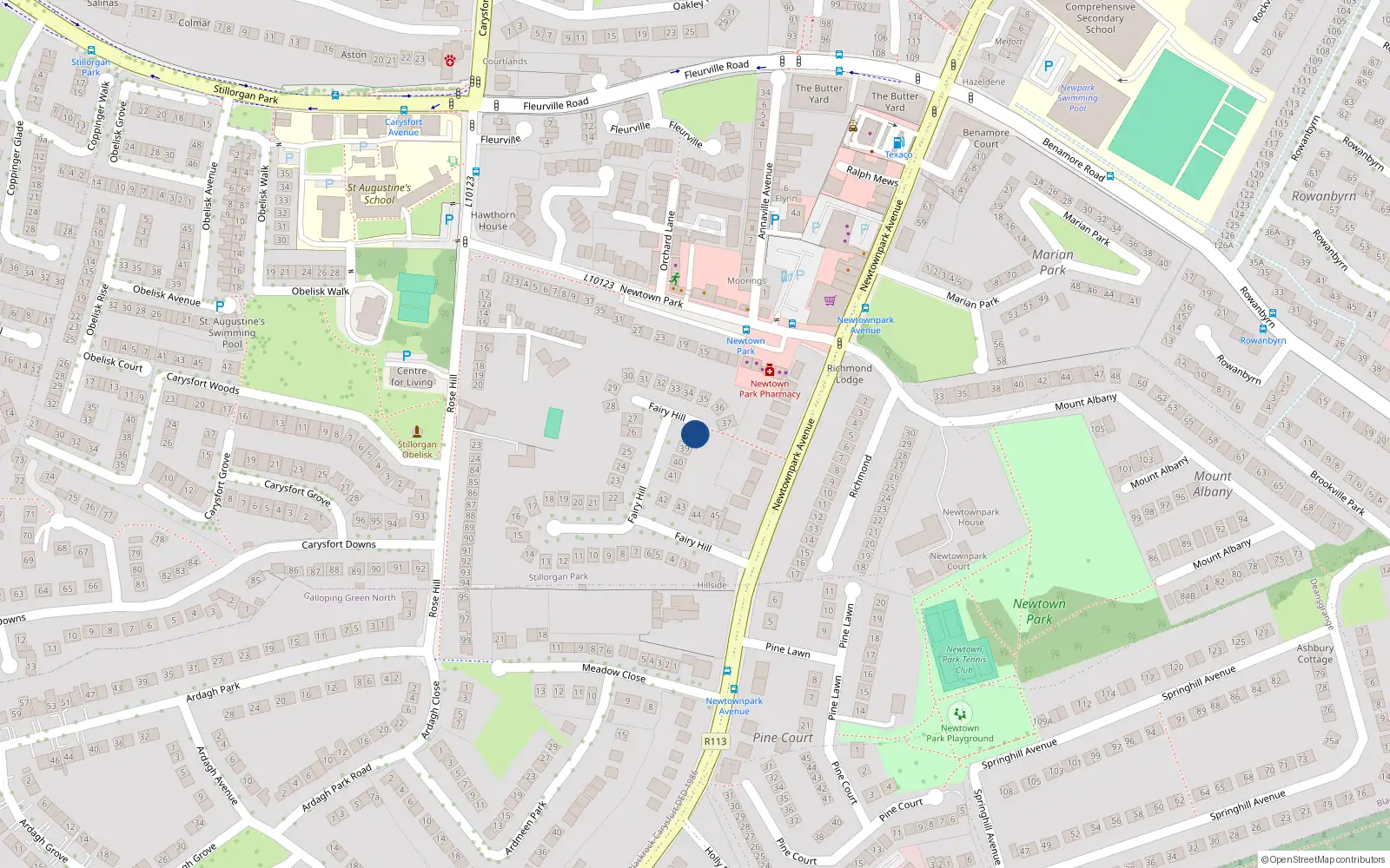 Overhead map showing the location of 38 Fairyhill, Blackrock