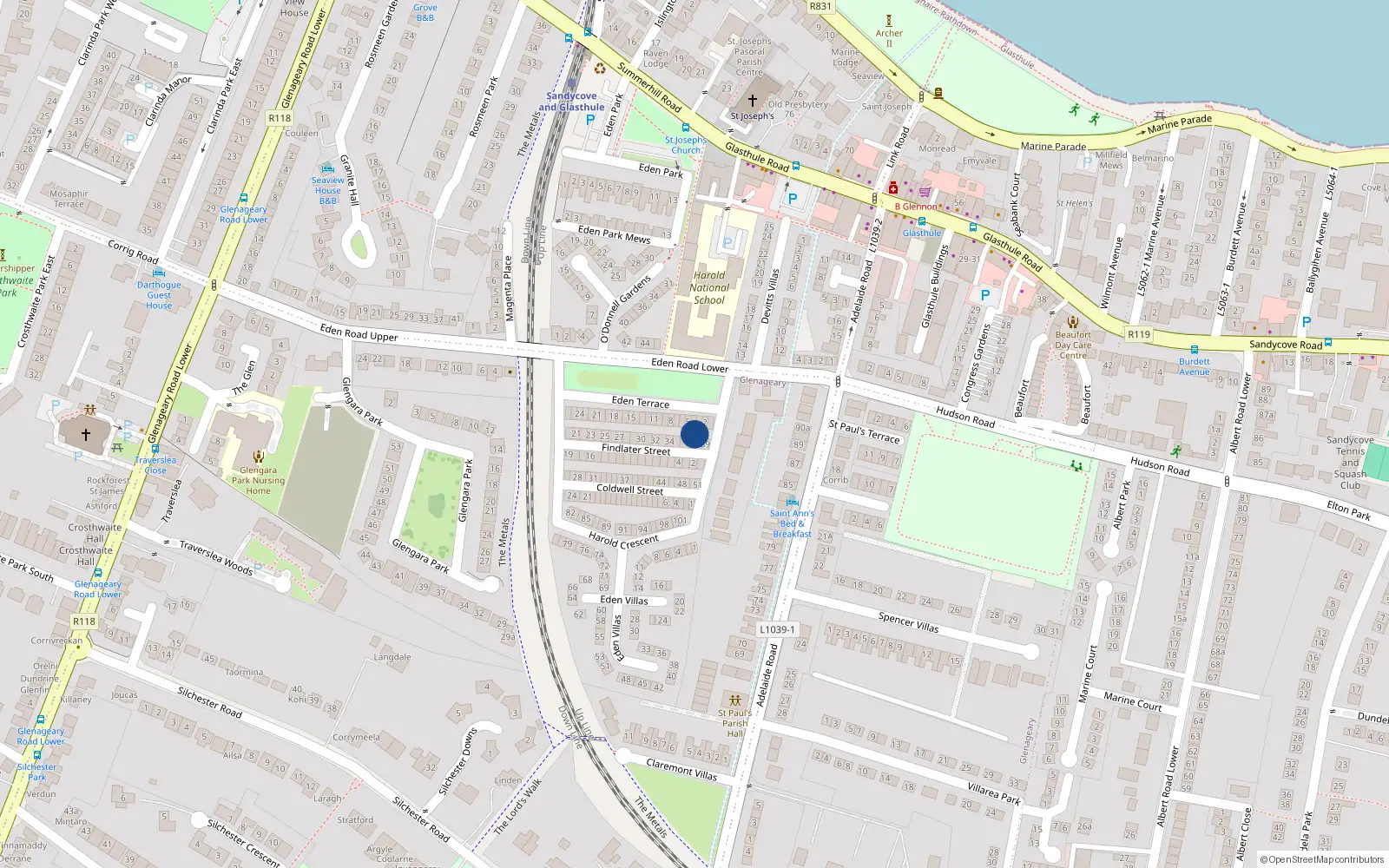 Overhead map showing the location of 38 Findlater Street, Dublin