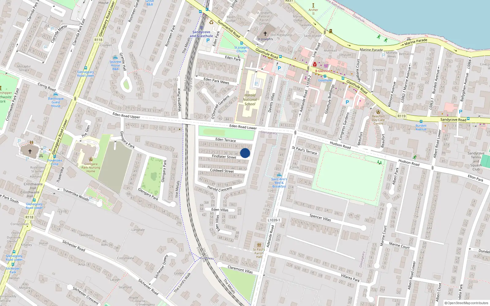 Overhead map showing the location of 38 Findlater Street, Glasthule, Co Dublin