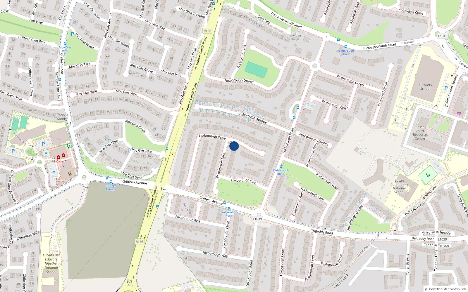 Overhead map showing the location of 38 Foxborough Park, Lucan, Dublin