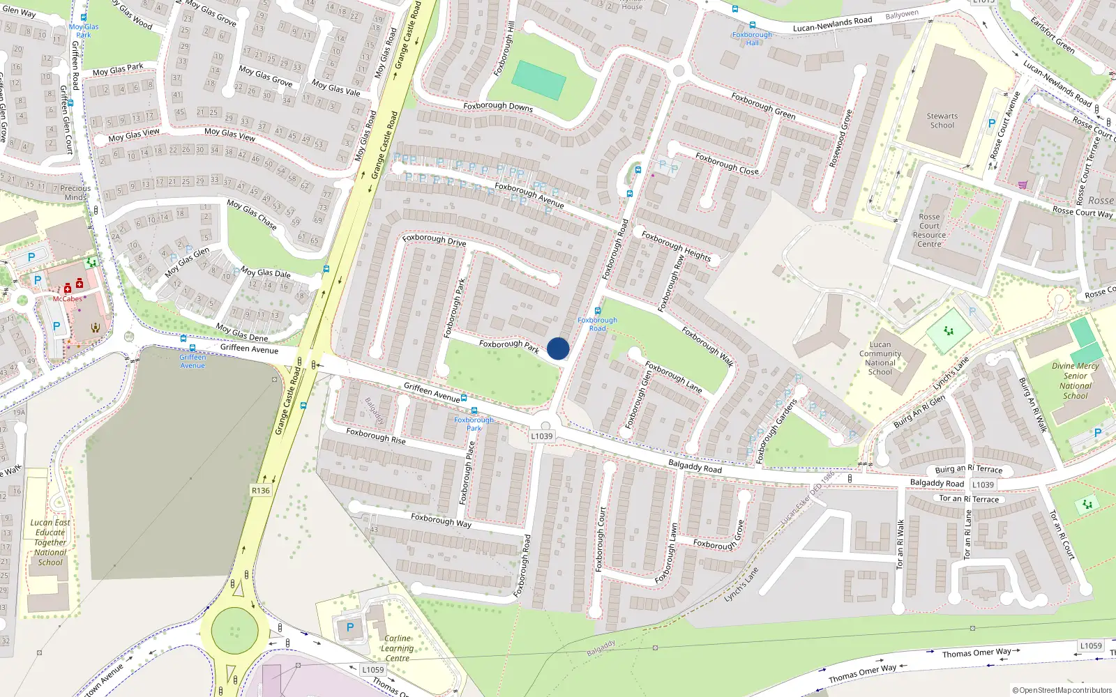 Overhead map showing the location of 38 Foxborough Road, Lucan, Dublin