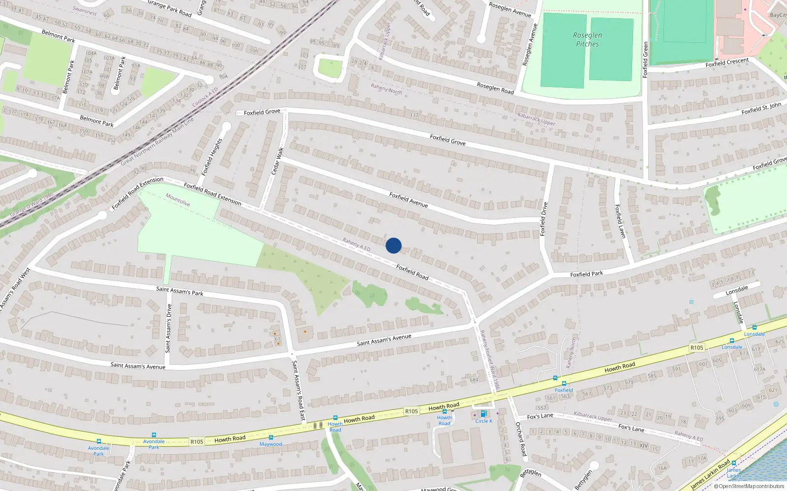 Overhead map showing the location of 38 Foxfield Road, Dublin 5