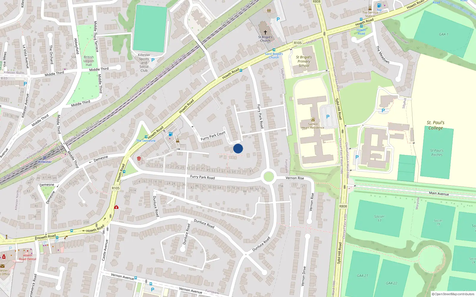 Overhead map showing the location of 38 Furry Park Court, Dublin 5