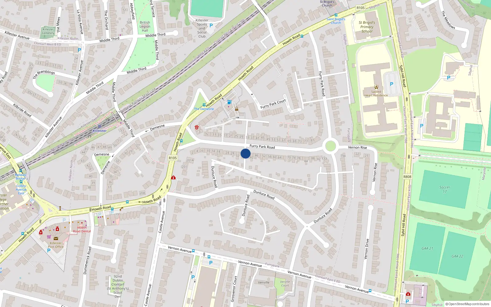 Overhead map showing the location of 38 Furry Park Road, Killester, Dublin 5
