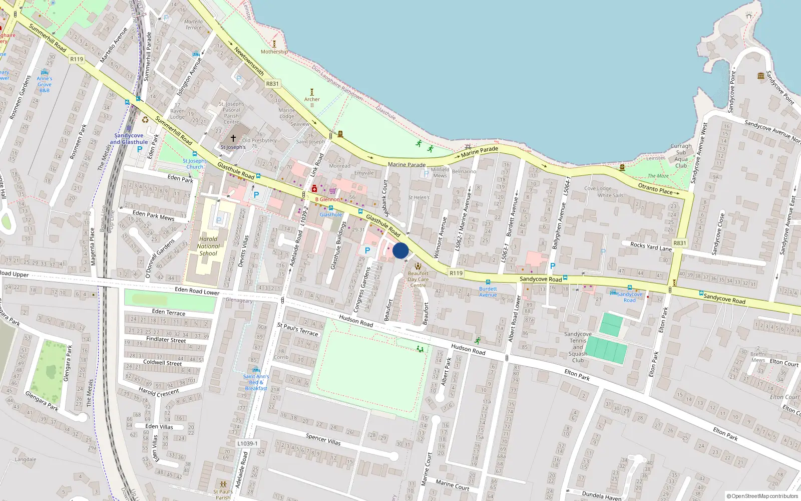 Overhead map showing the location of 38 Glasthule Road, Sandycove, Dun Laoghaire