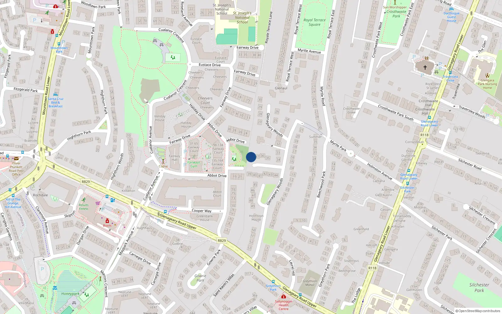 Overhead map showing the location of 38 Glenageary Woods, Dun Laoghaire, Dublin