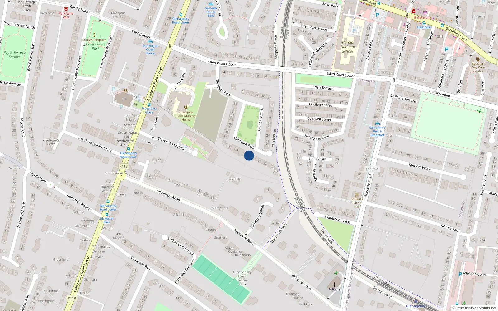 Overhead map showing the location of 38 Glengara Park, Dublin
